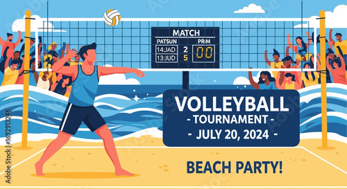 Exciting beach volleyball tournament illustration featuring player and cheering crowd atmosphere