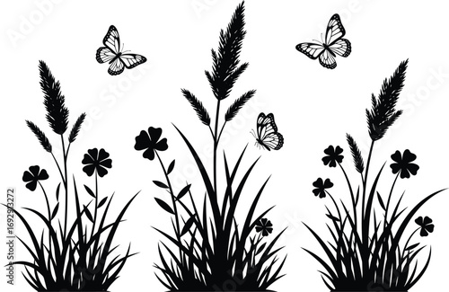 Silhouette meadow plants, wildflowers, tall grass, cattails, butterflies flying, nature illustration, black and white vector, garden scene, decorative botanical design