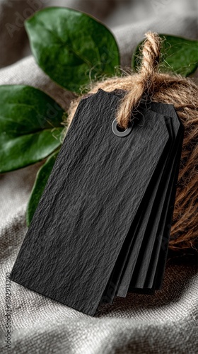 Elegant Black Tags Arranged Neatly With Twine on a Textured Surface.