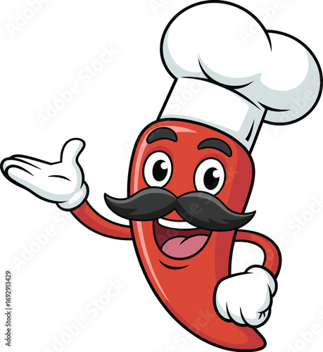 Funny cartoon chili pepper chef, spicy food mascot, cooking character with mustache, kitchen humor artwork, restaurant branding, hot pepper illustration