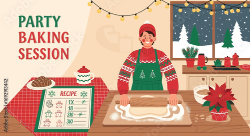 Festive holiday baking party session illustration with winter elements and christmas lights