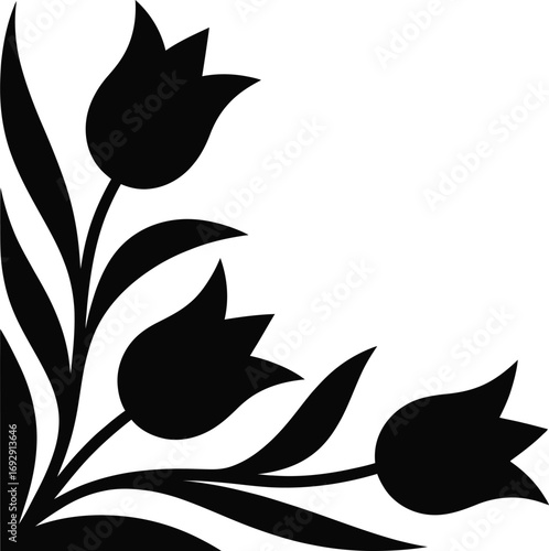 Corner design with three tulip flowers isolated on white background