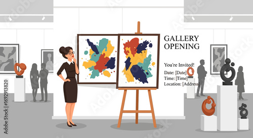 Invitation to gallery opening with colorful abstract paintings and modern sculptures illustration