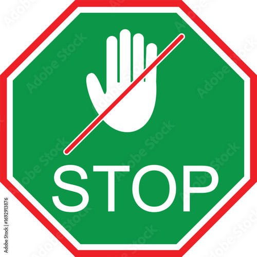 Stop sign symbol with hand icon and text for warning and prohibition traffic control