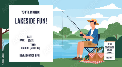 Lakeside Fun Invitation Template with Fishing and BBQ Themed Design for Outdoor Event