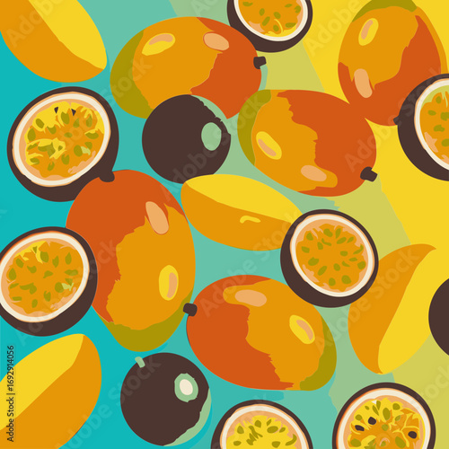 Tropical fruit pattern with vibrant colors in various stages of display. Ripe mangoes and passion fruit slices with vibrant hues and a colorful, summery ambiance.
