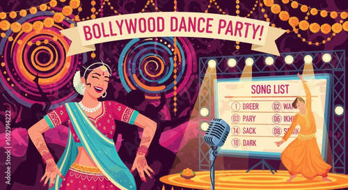 Vibrant Bollywood Dance Party Illustration with Energetic Performers and Song List