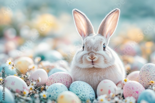 Cute Rabbit Surrounded by Colorful Easter Eggs and Flowers in a Vibrant Sprin...
