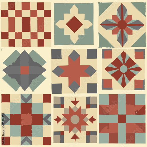 Quilt squares in muted colors with vintage style. Colorful patchwork designs in a neutral background.