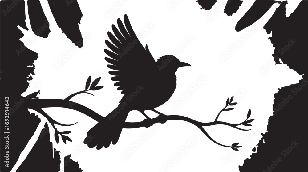 Obraz premium Black silhouette of a bird on a branch with wings spread white