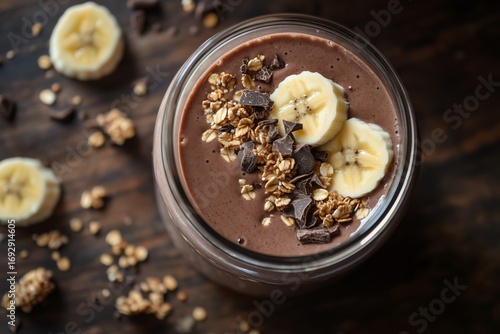 Delicious Chocolate Banana Smoothie With Granola Topping Served in a Glass Ja...