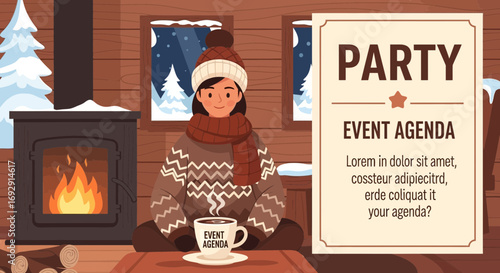 Winter cabin party invitation with cozy fireplace and snowy landscape background