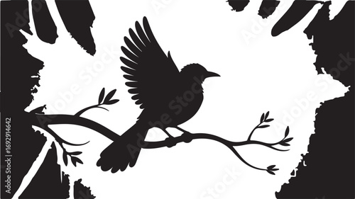 Black silhouette of a bird on a branch with wings spread white