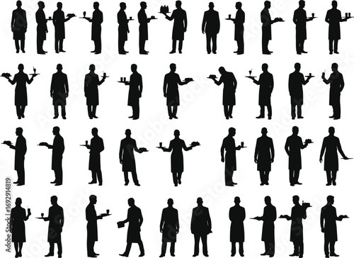 Waiter silhouette vector illustration, black server poses collection, tray holding gestures, restaurant staff icons, hospitality worker clipart, catering service design elements