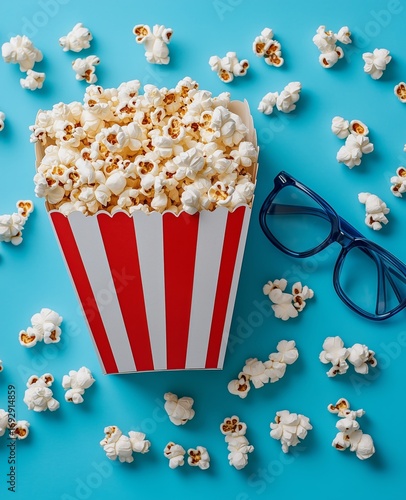 Delicious Popcorn in Striped Container Surrounded by Scattered Kernels and Gl...