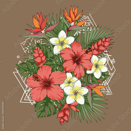 Tropical floral bouquet design featuring hibiscus, plumeria, birds of paradise, and other exotic blossoms in a vibrant color palette.