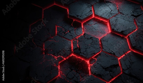 Dark, Hexagonal, Cracked Surface, Red Glow