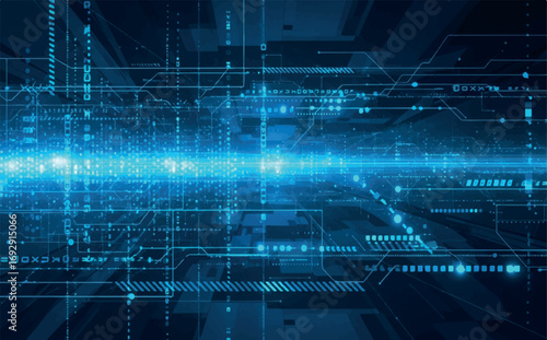 Abstract blue digital network grid with glowing lines and data streams, representing technology and connectivity