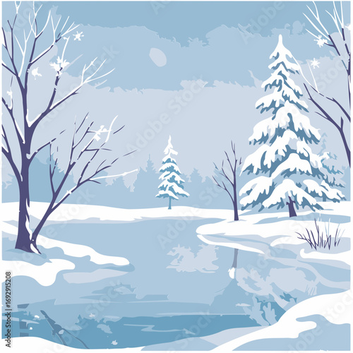 Winter landscape with snow-covered trees and frozen pond. Tranquil scene of a snowy forest edge with reflections on ice-covered water.