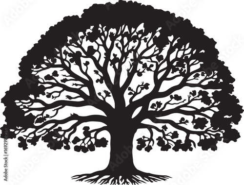 Black silhouette of a large tree with spreading branches and visible roots white