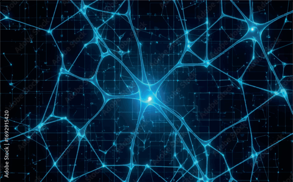 Obraz premium Neural network visualization with glowing blue nodes and connections, representing artificial intelligence and brain activity