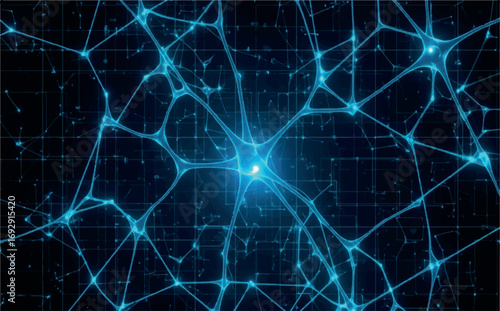 Neural network visualization with glowing blue nodes and connections, representing artificial intelligence and brain activity