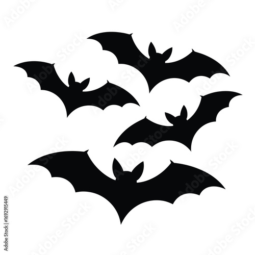 Silhouette of a swarm of bats flying against a white background