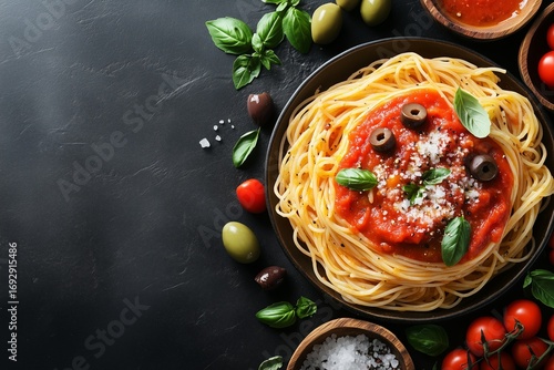 Delicious Spaghetti Topped With Tomato Sauce and Basil on a Dark Table.