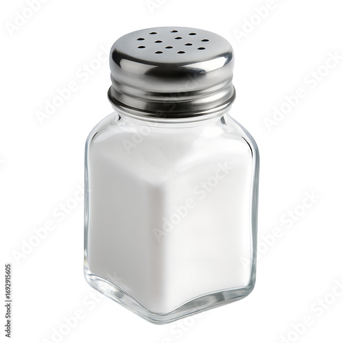 Glass salt shaker filled with white salt isolated on transparent background