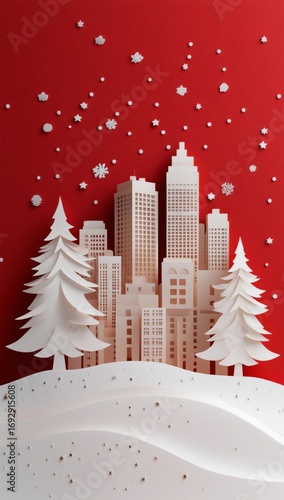 Winter Cityscape With Paper Buildings and Trees Under a Red Sky at Holiday Time