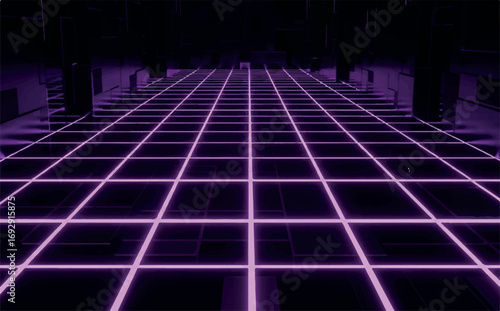Retro neon grid floor in a dark void with purple glowing lines, creating a sense of depth and a virtual reality environment