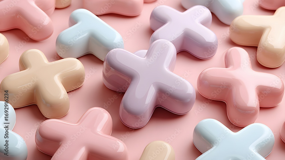 Obraz premium A collection of pastel-colored plus signs arranged on a soft pink background.