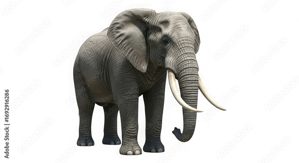 Fototapeta premium Large African Elephant Standing with Tusks Isolated on White Background