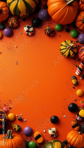 Colorful Halloween Candy and Decorations on Bright Orange Background for Fest...