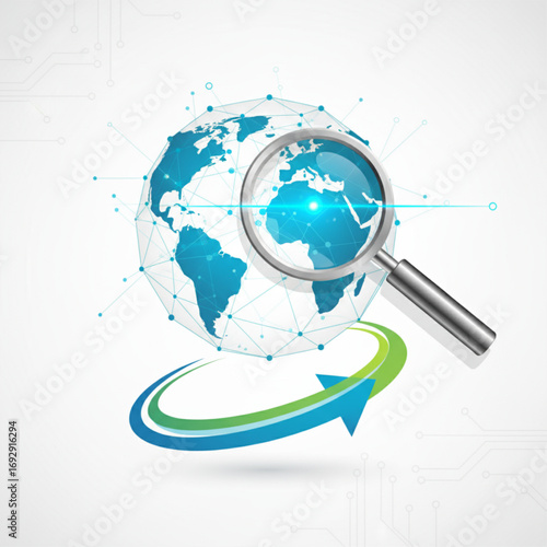 A conceptual illustration showing a magnifying glass hovering over a globe, with arrows pointing to various locations. 