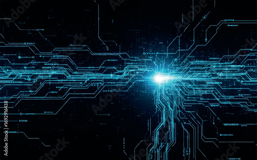 Abstract digital circuit board with glowing blue light at the center, representing data flow and connectivity