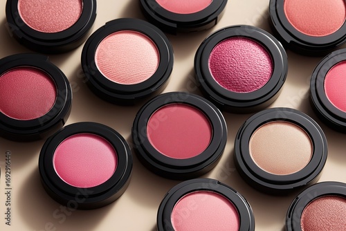 Colorful Cosmetic Blushes Arranged Neatly on a Light Background for Beauty En...