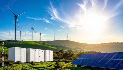 vast outdoor landscape featuring a modern Battery Energy Storage System (BESS) with wind and solar