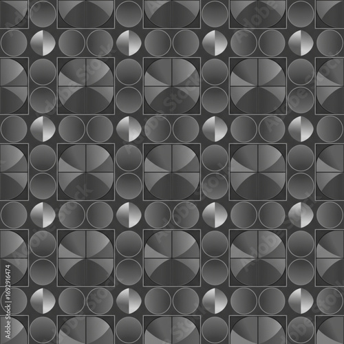 A stylish and modern abstract pattern composed of overlapping grey circles and metallic textures.