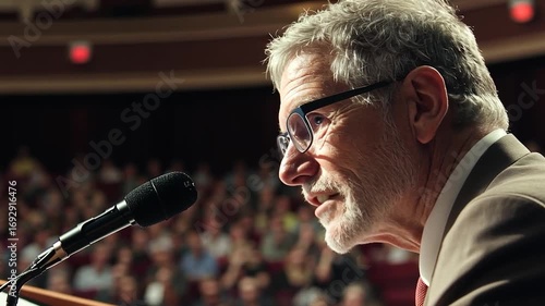 Elderly man delivering speech at conference with passionate expression