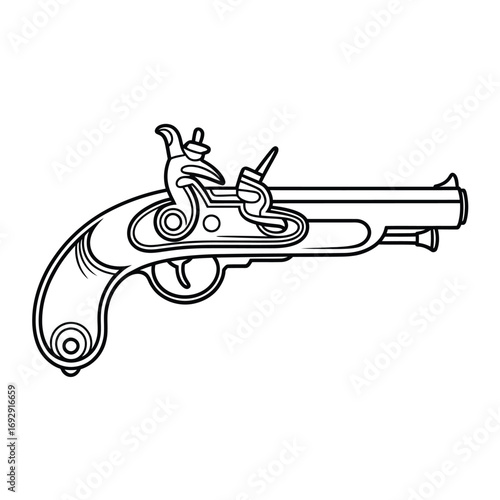 Foto Black and white line drawing of an antique flintlock pistol