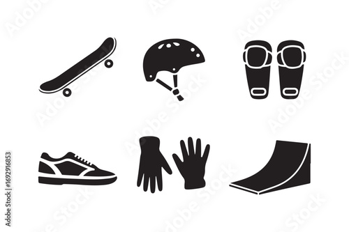 Skateboarding gear and equipment icons set