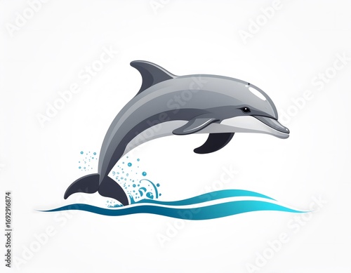 Illustration of a dolphin leaping out of the water with stylized waves and splash effects against a white background.