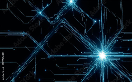 Intricate digital circuit board pattern with glowing blue lines and nodes, symbolizing data flow and advanced computer technology