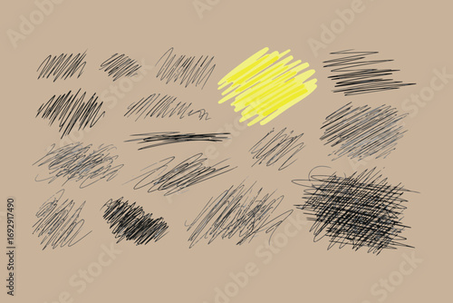 Collection of scribble and hatching textures on kraft paper background