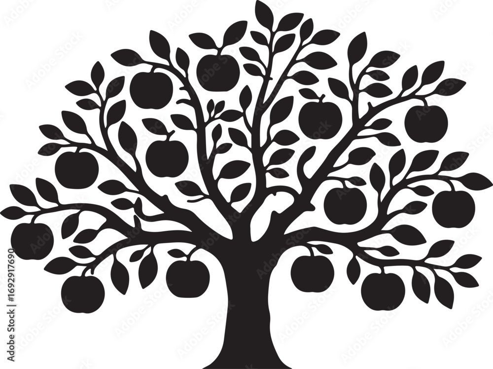 Obraz premium Black silhouette of an apple tree with fruit and leaves black and white