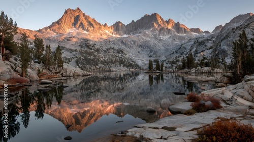 Majestic mountain peaks reflect serenely in a tranquil alpine lake at dawn, showcasing a breathtaking natural landscape with vibrant colors.