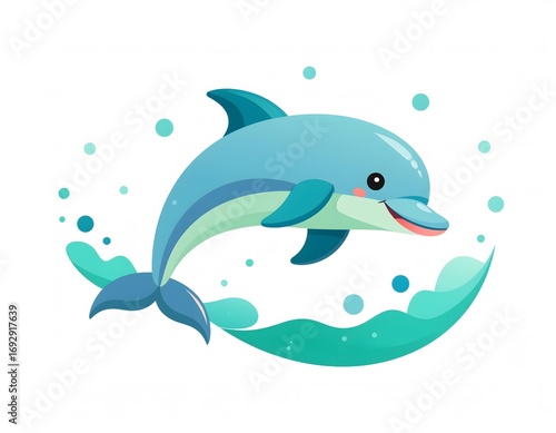 Cartoon dolphin jumping out of the water with a happy expression, surrounded by splashes and bubbles.
