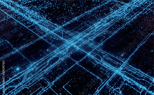Overhead view of a glowing blue digital network grid resembling a city map or circuit board with interconnected lines