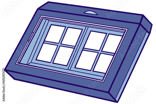 Isometric illustration of a blue framed window with eight panes and a small vent on top side view